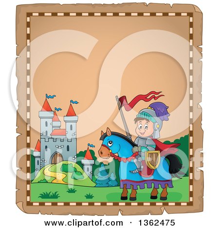 Clipart of a Parchment Paper Border of a Knight Boy on a Horse near a Castle - Royalty Free Vector Illustration by visekart