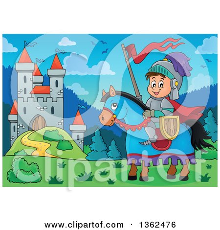 Clipart of a Cartoon Happy Knight Boy on a Horse with a Castle in the Background - Royalty Free Vector Illustration by visekart