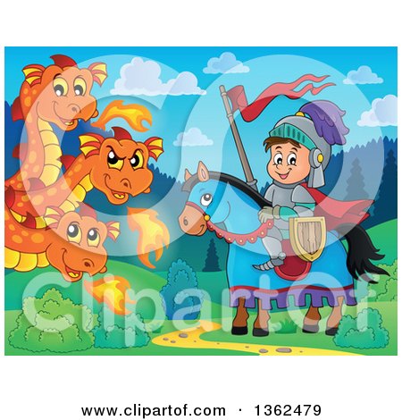 Clipart of a Cartoon Happy Knight Boy on a Horse, near a Three Headed Fire Breathing Dragon - Royalty Free Vector Illustration by visekart