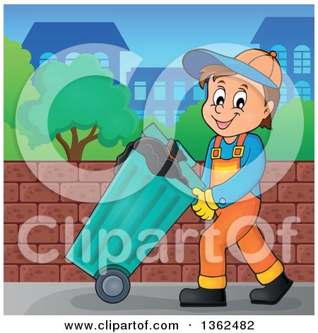 Clipart of a Cartoon Caucasian Garbage Man Pushing a Rolling Trash Bin on a Sidewalk - Royalty Free Vector Illustration by visekart