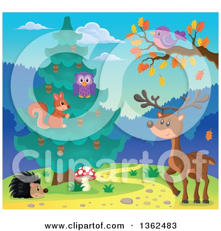 Clipart of a Squirrel and Owl in an Evergreen Tree, with a Deer, Purple Bird and Hedgehog - Royalty Free Vector Illustration by visekart