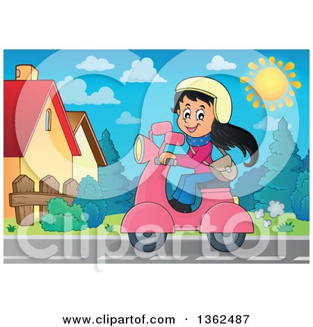 Clipart of a Cartoon Happy Girl Riding a Pink Scooter down a Street - Royalty Free Vector Illustration by visekart
