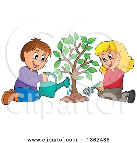 Clipart of a Caucasian Boy and Girl Planting a Tree Together - Royalty Free Vector Illustration by visekart