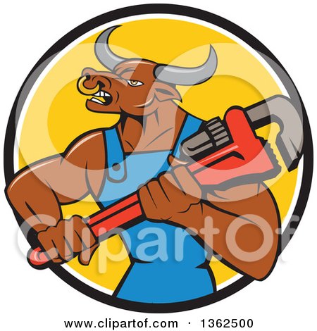 Clipart of a Cartoon Bull Man Plumber Mascot Holding a Monkey Wrench in a Black White and Yellow Circle - Royalty Free Vector Illustration by patrimonio