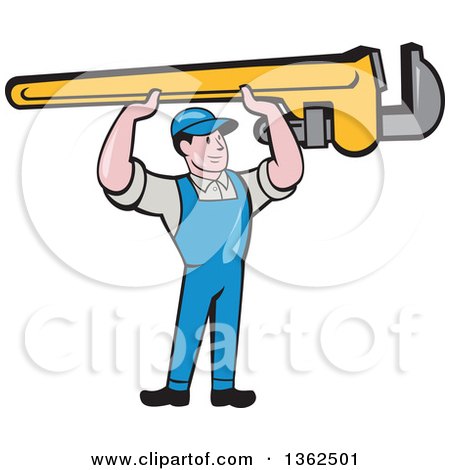 Clipart of a Retro Cartoon White Male Plumber Holding up a Giant Monkey Wrench - Royalty Free Vector Illustration by patrimonio