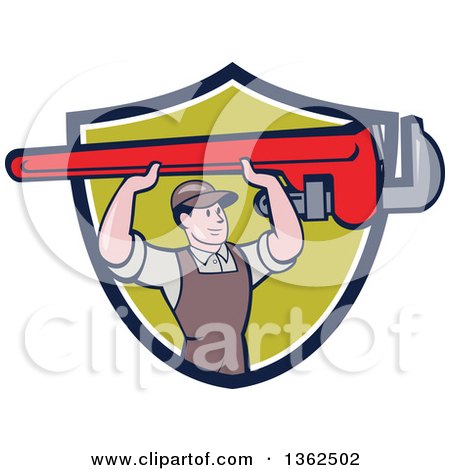 Clipart of a Retro Cartoon White Male Plumber Holding up a Giant Monkey Wrench in a Navy Blue, White and Green Shield - Royalty Free Vector Illustration by patrimonio