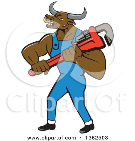 Clipart of a Cartoon Bull Man Plumber Mascot Holding a Monkey Wrench - Royalty Free Vector Illustration by patrimonio