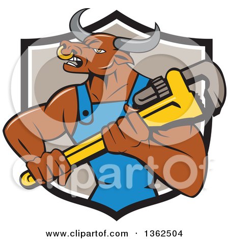 Clipart of a Cartoon Bull Man Plumber Mascot Holding a Monkey Wrench in a Black White and Taupe Shield - Royalty Free Vector Illustration by patrimonio