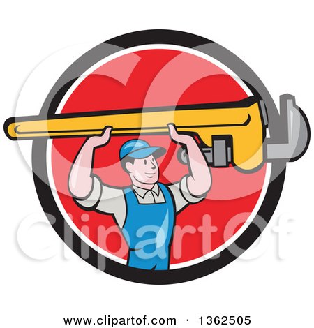 Clipart of a Retro Cartoon White Male Plumber Holding up a Giant Monkey Wrench in a Black, White and Red Circle - Royalty Free Vector Illustration by patrimonio