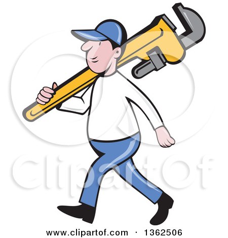 Clipart of a Cartoon White Male Plumber Holding a Giant Monkey Wrench over His Shoulder - Royalty Free Vector Illustration by patrimonio