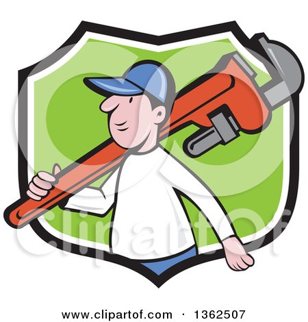 Clipart of a Cartoon White Male Plumber Holding a Giant Monkey Wrench over His Shoulder in a Black White and Green Shield - Royalty Free Vector Illustration by patrimonio