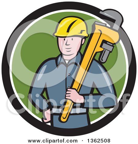 Clipart of a Cartoon White Male Plumber Holding a Giant Monkey Wrench in a Black, White and Green Circle - Royalty Free Vector Illustration by patrimonio