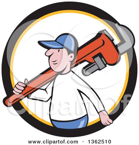 Clipart of a Cartoon White Male Plumber Holding a Giant Monkey Wrench over His Shoulder in a Black Yellow and White Circle - Royalty Free Vector Illustration by patrimonio