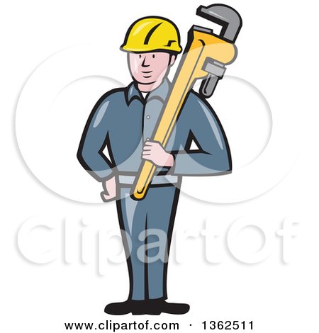 Clipart of a Cartoon White Male Plumber Holding a Giant Monkey Wrench - Royalty Free Vector Illustration by patrimonio