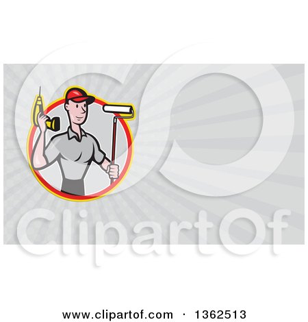Clipart of a Cartoon Caucasian Male Handyman with a Paint Roller and Cordless Drill and Gray Rays Background or Business Card Design - Royalty Free Illustration by patrimonio
