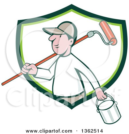 Clipart of a Retro Cartoon White Male Painter Carrying a Can and a Roller Brush over His Shoulder, Emerging from a Green and White Shield - Royalty Free Vector Illustration by patrimonio
