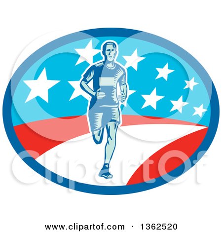 Clipart of a Retro Woodcut Male Marathon Runner in an American Oval - Royalty Free Vector Illustration by patrimonio