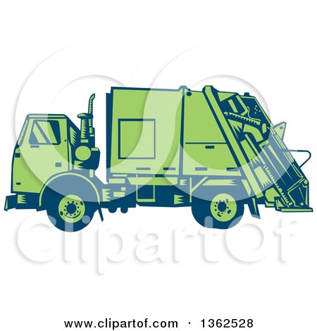 Clipart of a Retro Woodcut Blue and Green Garbage Truck - Royalty Free Vector Illustration by patrimonio