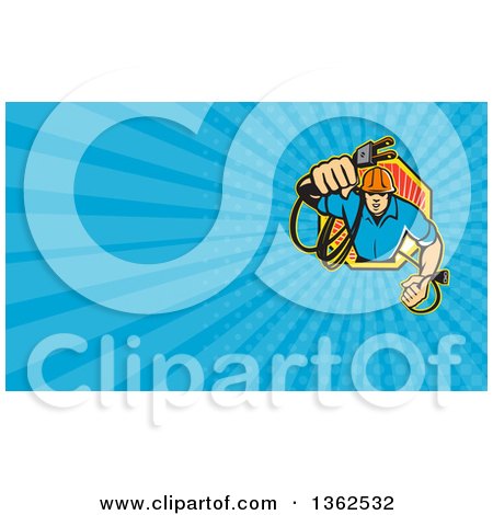 Clipart of a Retro Electrician Holding out a Plug in an Octogon and Blue Rays Background or Business Card Design - Royalty Free Illustration by patrimonio