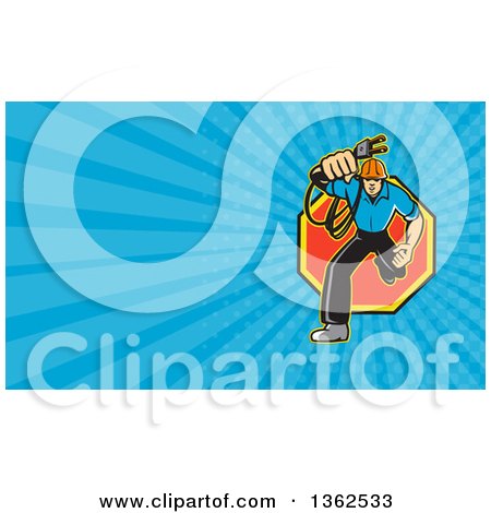 Clipart of a Retro Electrician Running and Holding out a Plug in an Octogon and Blue Rays Background or Business Card Design - Royalty Free Illustration by patrimonio