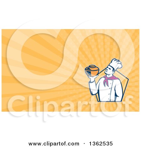 Clipart of a Retro Male Chef Holding a Pot in a Hexagon and Pastel Orange Rays Background or Business Card Design - Royalty Free Illustration by patrimonio