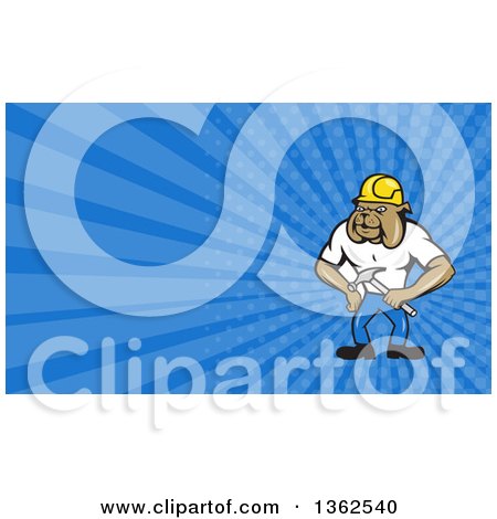 Clipart of a Cartoon Construction Worker Bulldog and Blue Rays Background or Business Card Design - Royalty Free Illustration by patrimonio
