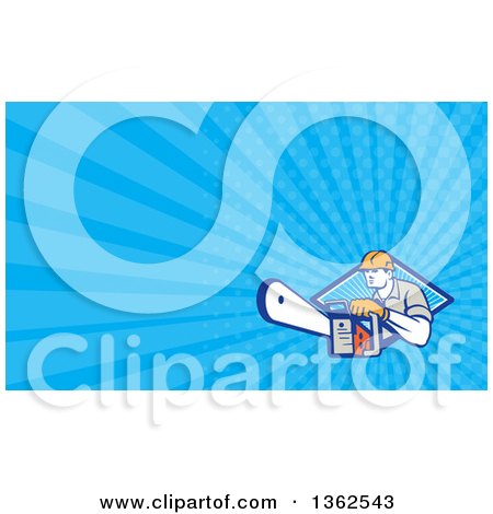 Clipart of a Retro Logger Using a Chain Saw Emerging from a Diamond and Blue Rays Background or Business Card Design - Royalty Free Illustration by patrimonio