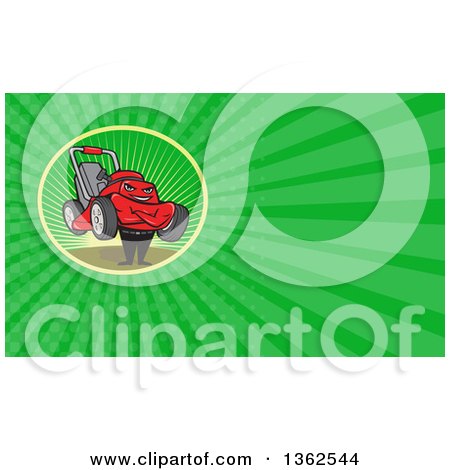 Clipart of a Cartoon Lawn Mower Man with Folded Arms and Green Rays Background or Business Card Design - Royalty Free Illustration by patrimonio