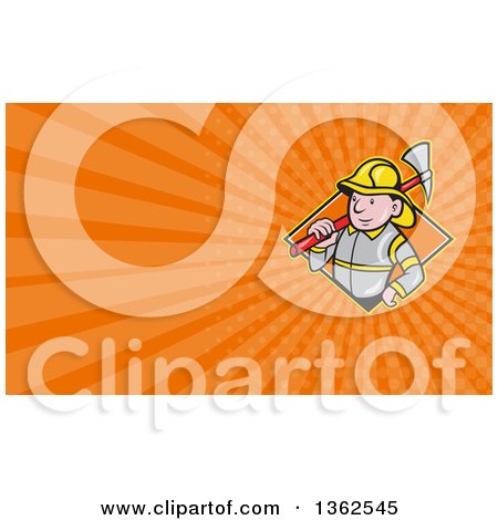 Clipart of a Cartoon Fireman with an Axe and Orange Rays Background or Business Card Design - Royalty Free Illustration by patrimonio