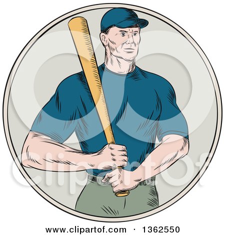 Clipart of a Retro Sketched or Engraved Caucasian Male Baseball Player Holding a Bat in a Circle - Royalty Free Vector Illustration by patrimonio