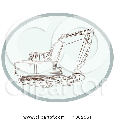 Clipart of a Sketched Mechanical Excavator in an Oval - Royalty Free Vector Illustration by patrimonio