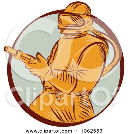 Clipart of a Retro Orange Sandblaster Worker in a Brown and Pastel Green Circle - Royalty Free Vector Illustration by patrimonio