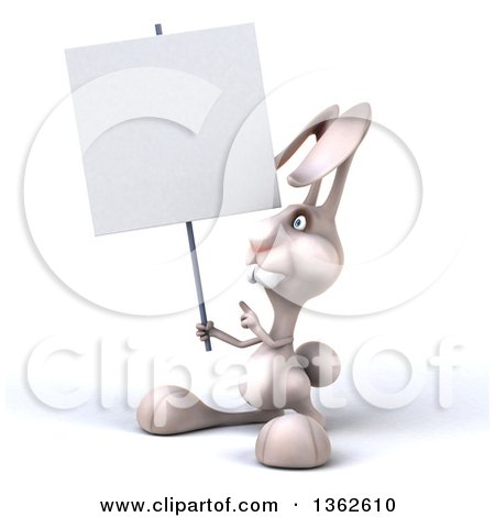 Clipart of a 3d White Bunny Rabbit Holding and Pointing to a Blank Sign