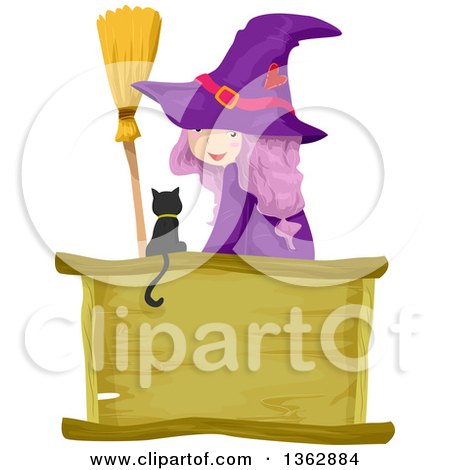 Clipart of a Purple Haired Witch Girl Looking Back, Sitting with a Broom and Black Cat over a Blank Wood Sign - Royalty Free Vector Illustration by BNP Design Studio