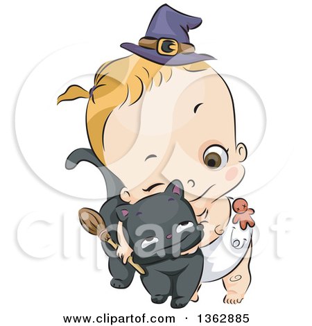 Clipart of a Cartoon Blond Caucasian Toddler Witch Girl Holding a Broom and Hugging a Black Cat - Royalty Free Vector Illustration by BNP Design Studio