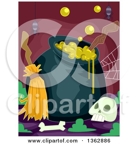 Clipart of a Boiling Witch Cauldron with a Broomstick, Spider, and Bones - Royalty Free Vector Illustration by BNP Design Studio