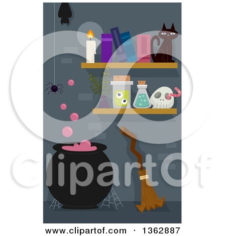 Clipart of a Boiling Witch Cauldron with a Spider, Bat, Broomstick, Cat and Shelves - Royalty Free Vector Illustration by BNP Design Studio
