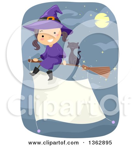 Clipart of a Happy Witch Girl and Black Cat Flying on a Broomstick with a Blank Banner Sign Attached, over a Night Sky - Royalty Free Vector Illustration by BNP Design Studio