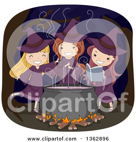 Clipart of a Trio of Happy White Witch Girls Making a Potion Spell in a Cauldron in a Forest at Night - Royalty Free Vector Illustration by BNP Design Studio