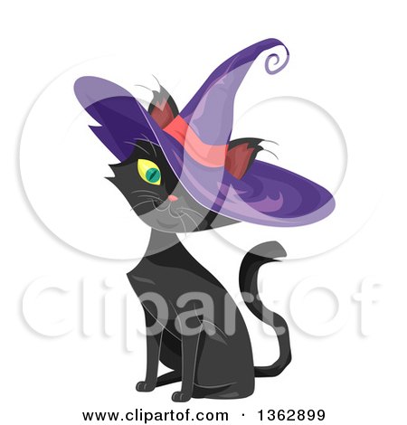 Clipart of a Cute Black Cat Sitting and Wearing a Purple Witch Hat - Royalty Free Vector Illustration by BNP Design Studio