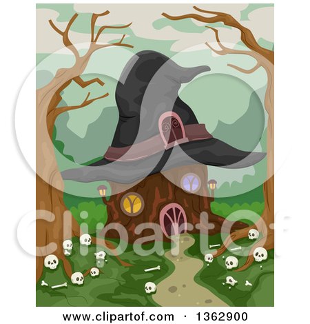 Clipart of a Tree Stump House with a Witch Hat Roof and Human Bones in the Woods - Royalty Free Vector Illustration by BNP Design Studio