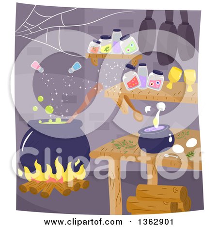 Clipart of a Witch Interior with a Cauldron and Magic Ingredients Mixing Themselves - Royalty Free Vector Illustration by BNP Design Studio