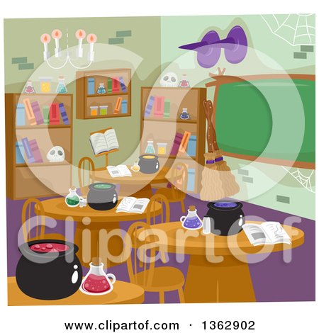 Clipart of a Classroom with Witch Potions and Cauldrons - Royalty Free Vector Illustration by BNP Design Studio