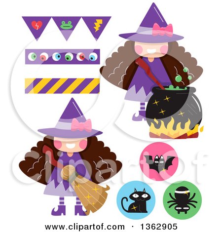 Clipart of Witch Girls, with Icons and Banners - Royalty Free Vector Illustration by BNP Design Studio