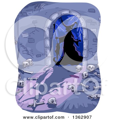Clipart of a Silhouetted Witch in a Dungeon Entrance Arch, with Bones on the Floor - Royalty Free Vector Illustration by BNP Design Studio