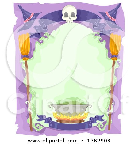 Clipart of a Halloween Frame with a Skull, Banner, Witch Hats, Broomsticks and Cauldron - Royalty Free Vector Illustration by BNP Design Studio