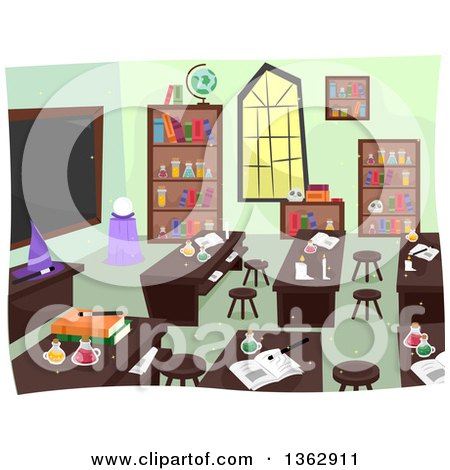 Clipart of a Witch and Wizardry School Class Room Interior - Royalty Free Vector Illustration by BNP Design Studio