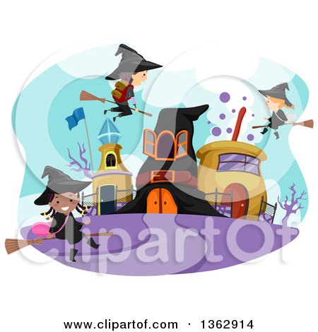 Clipart of Child Witches and a Wizard Flying Around a Town - Royalty Free Vector Illustration by BNP Design Studio