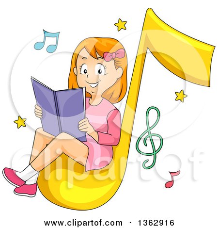 Clipart of a Happy Red Haired White Girl Reading a Book on a Music Note - Royalty Free Vector Illustration by BNP Design Studio