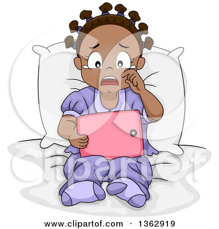 Clipart of a Sad Black Girl Sitting on a Bed and Reading or Watching Something Sad on Her Tablet Computer - Royalty Free Vector Illustration by BNP Design Studio